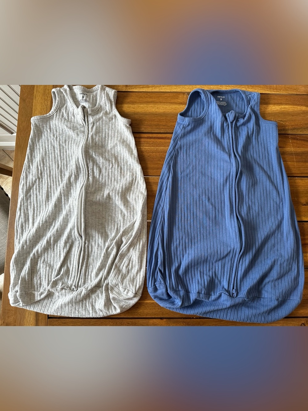 2 Carters ribbed sleep sacks- light gray and blue size small